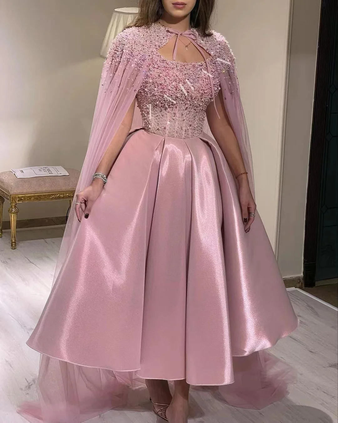 

Pink Off the Shoulder Tulle Cocktail Dress Beading Beads Crystal Shiny A Line Women Ball Gown With Cape Tea Length Homecoming