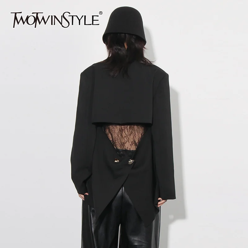 

TWOTWINSTYLE Solid Sexy Hollow Out Spliced Pocket Blazer Notched Collar Long Sleeve Patchwork Button Temperament Blazers Female