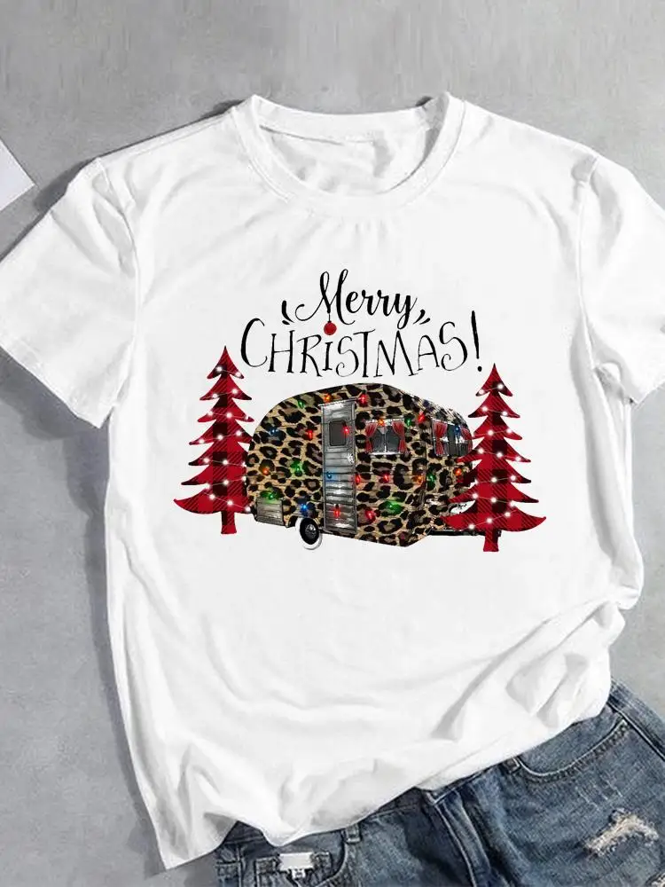 

Рождественская футболка с коротким рукавом, женская одежда на новый год, милая клетчатая футболка с леопардовым принтом в стиле 90-х с принтом дерева, женские футболки с графическим принтом