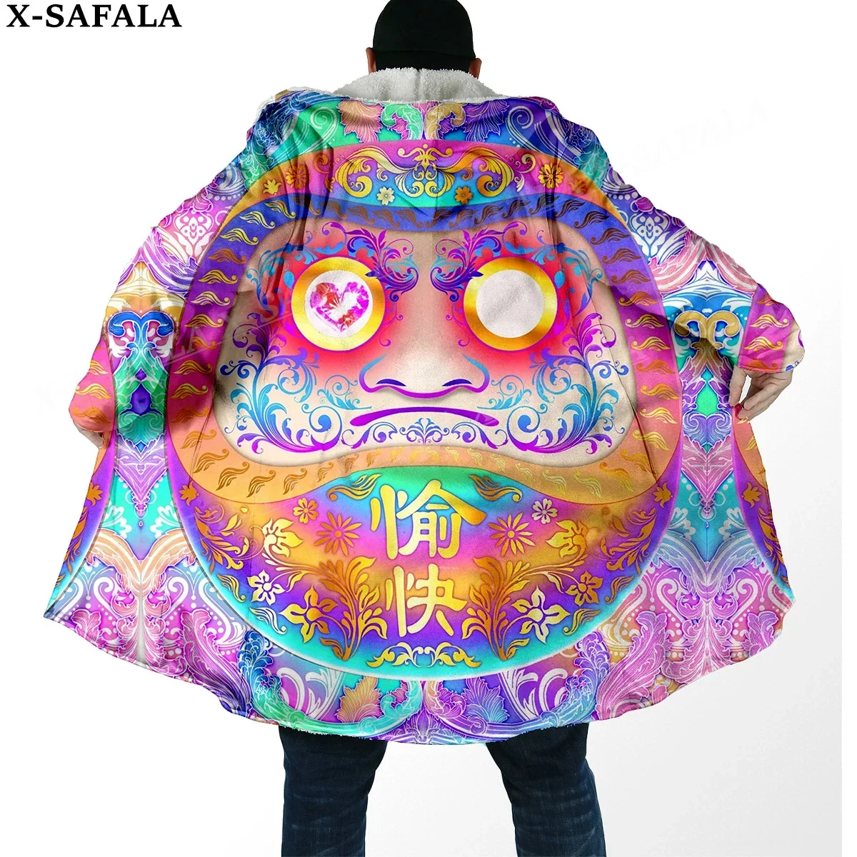 

Daruma Japanese Anime Manga Print Thick Warm Hooded Cloak Men Overcoat Coat Windproof Fleece Cape Robe Hooded Blanket-6