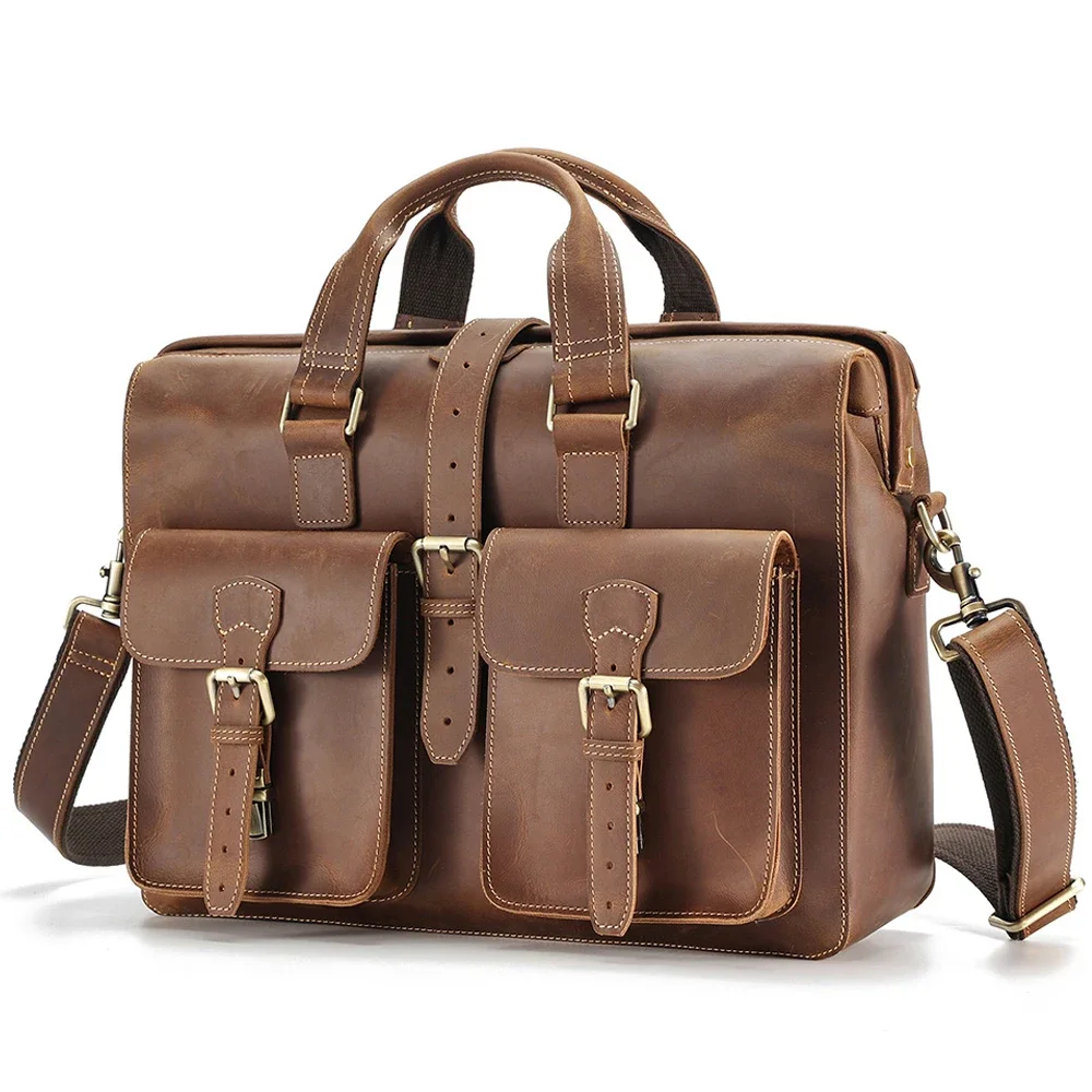 

Vintage Crazy Horse Leather Briefcase for Men Short Trip Business Work Bags Male Fits 15.6" Laptop Mesenger Shoulder Bag