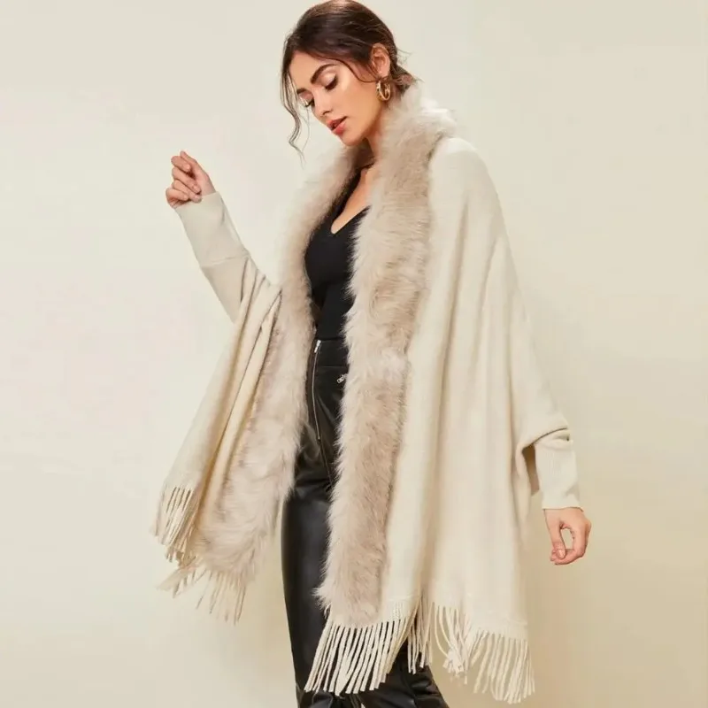 

Fur Collar Winter Shawls Knitted Fringe Sweater Ponchos Elegant Batwing Sleeve Long Cardigan Casual 2023 Women Fashion Cloak