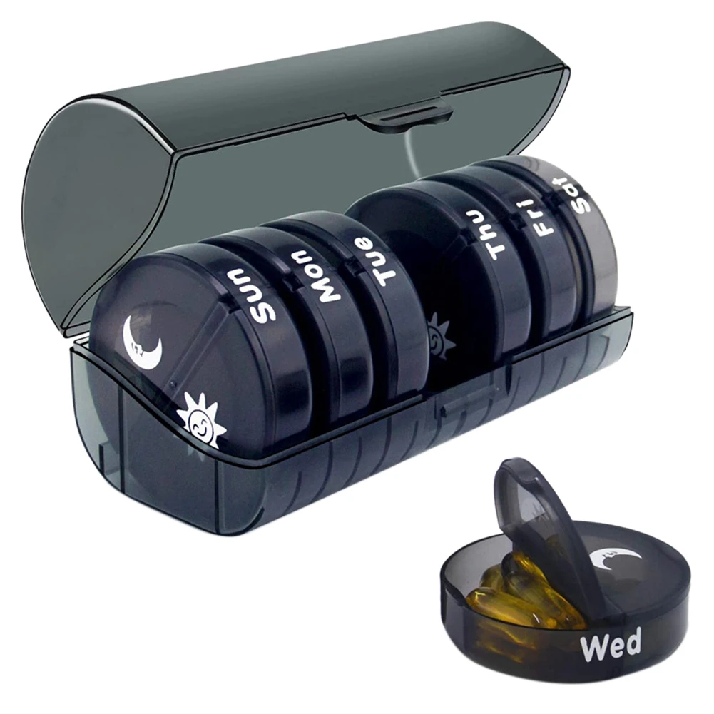 

Daily Pill Organizer (Twice-a-Day) - Weekly AM/PM Pill Box, Round Medicine Organizer, 7 Day Pill Container (Black Box)