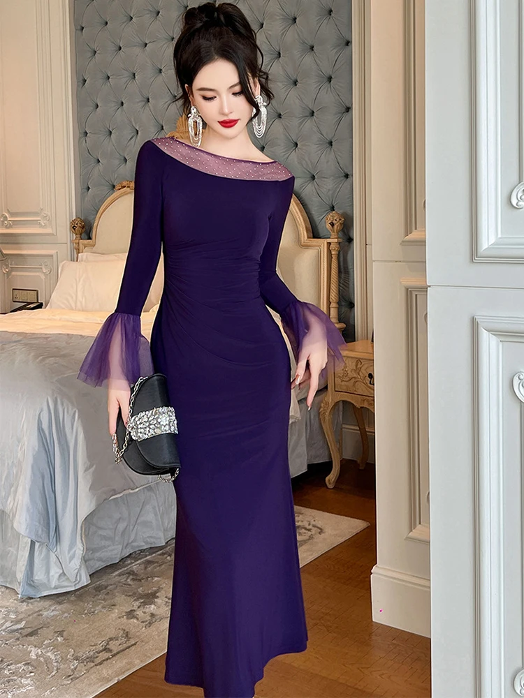 

Celebrity Banquet Evening Dress Women Elegant Purple Sheer Mesh Rhinestone Folds Fishtail Robe Femme Party Prom Long Vestidos