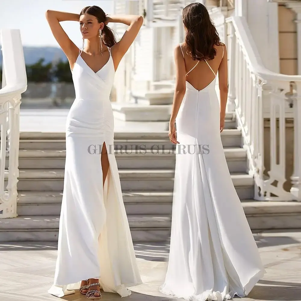 White Wedding Dress V-Neck Spaghetti Strap Soft Satin Backless Side Slit Bridal Gown Floor Length Modern Vestido De Novia
White Wedding Dress V-Neck Spaghetti Strap Soft Satin Backless Side Slit Bridal Gown Floor Length Modern Vestido De Novia