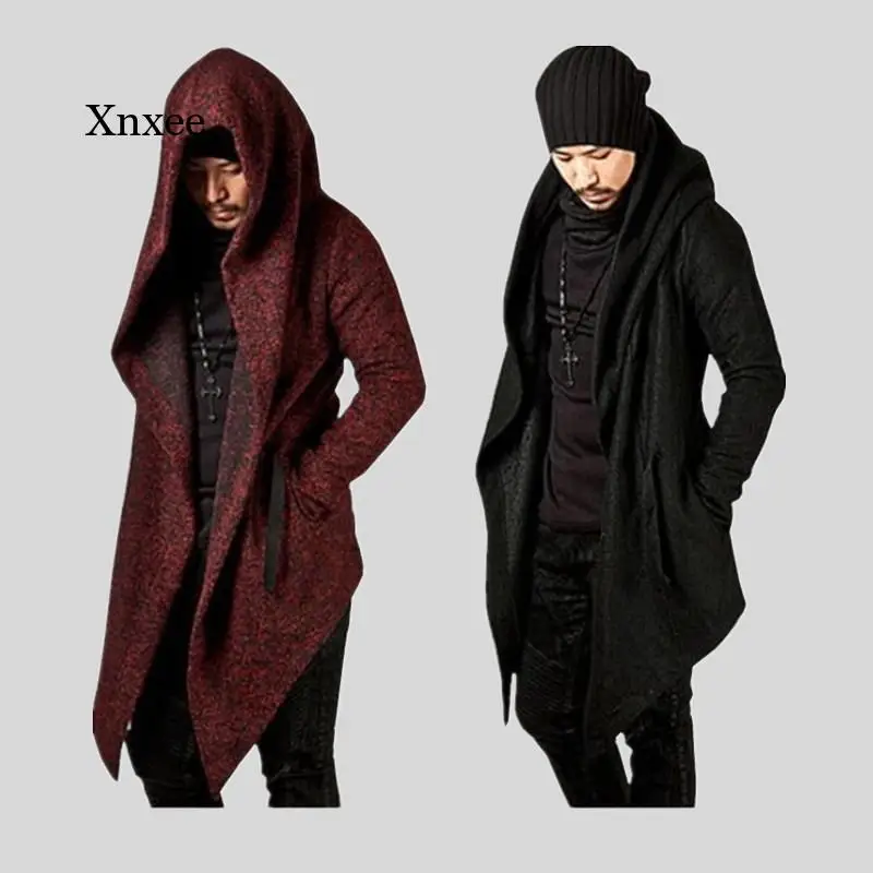 

Long Hooded Cardigan Men Gothic Irregular Red Black Trench Vintage Open Front Lightweight Drape Cape Overcoat