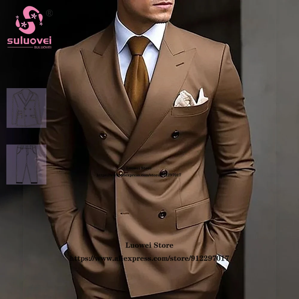 

Fashion Double Breasted Suits For Men Slim Fit 2 Piece Pants Set Formal Grooms Wedding Peaked Lapel Tuxedos Male Business Blazer