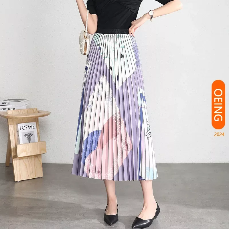 

2024 Summer New Long Print Pleated Skirt Women Elegant Chic Loose Fit Casual Korean Style High Waisted Skirt Plus Size 4XL A167