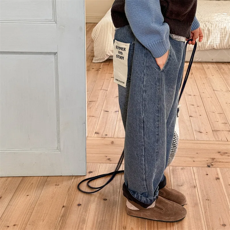 2025 Winter New Children Plus Velvet Thick Jeans Letter Print Girls Trousers Baby Boy Fleece Denim Pants Kids Warm Pants 14 S3be707240b2543908623a94d6a7fba062