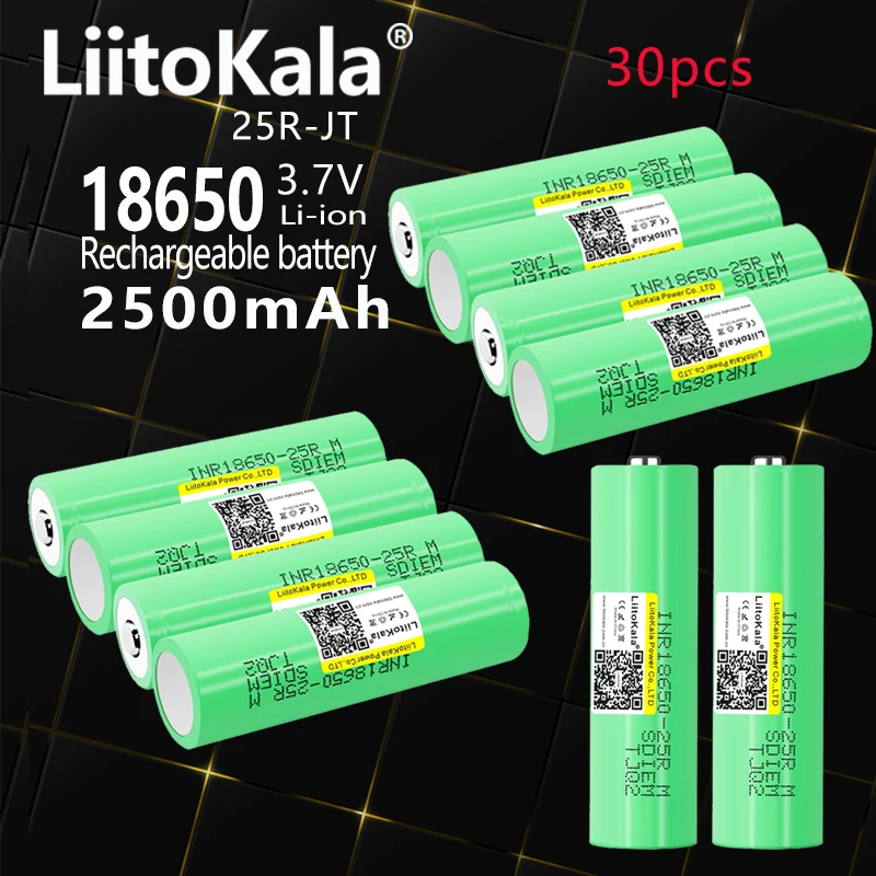 

30PCS LiitoKala 25R 18650 2500mAh Lithium Battery 20A 30A Discharge 18650-25R batteries for flashlight flat head