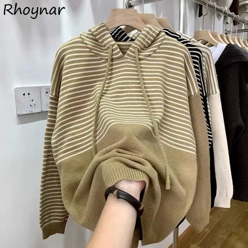 

Hooded Striped Pullovers Women Baggy Korean Preppy Fashion Artsy Clothes Sweaters Knitwear Girlish Chic Design Panelled Casual