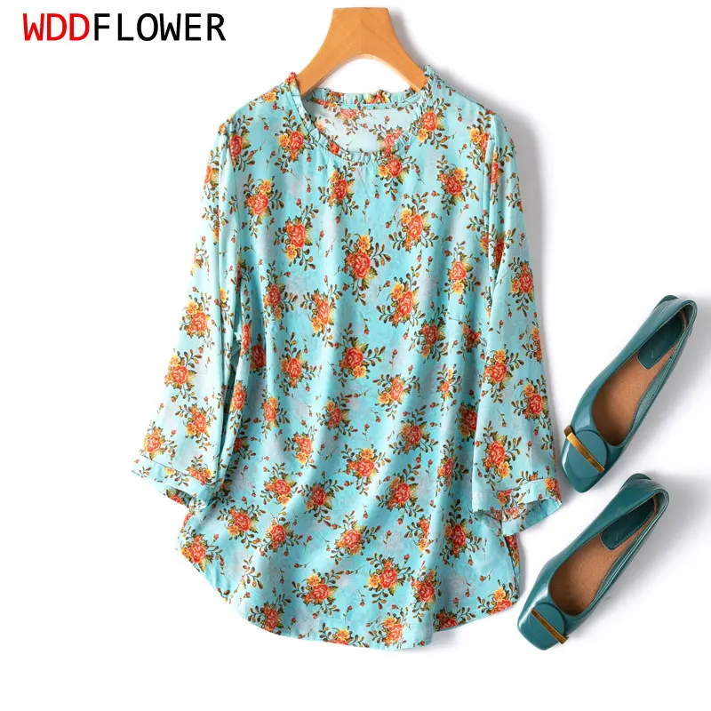 Women Silk Blouse 100% Mulberry Silk Crepe Silk Blue Floral Printed Ruffles Round Neck 3/4 Sleeve Shirt Top MM727
Women Silk Blouse 100% Mulberry Silk Crepe Silk Blue Floral Printed Ruffles Round Neck 3/4 Sleeve Shirt Top MM727