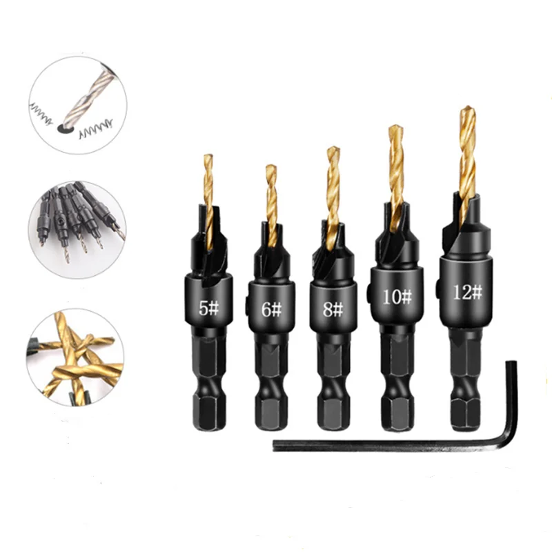 4/5pcs Countersink Drill Woodworking Drill Bit Set Drilling Pilot Holes For Screw Sizes #5 #6 #8 #10 #12 With a Wrench Tools
4/5pcs Countersink Drill Woodworking Drill Bit Set Drilling Pilot Holes For Screw Sizes #5 #6 #8 #10 #12 With a Wrench Tools