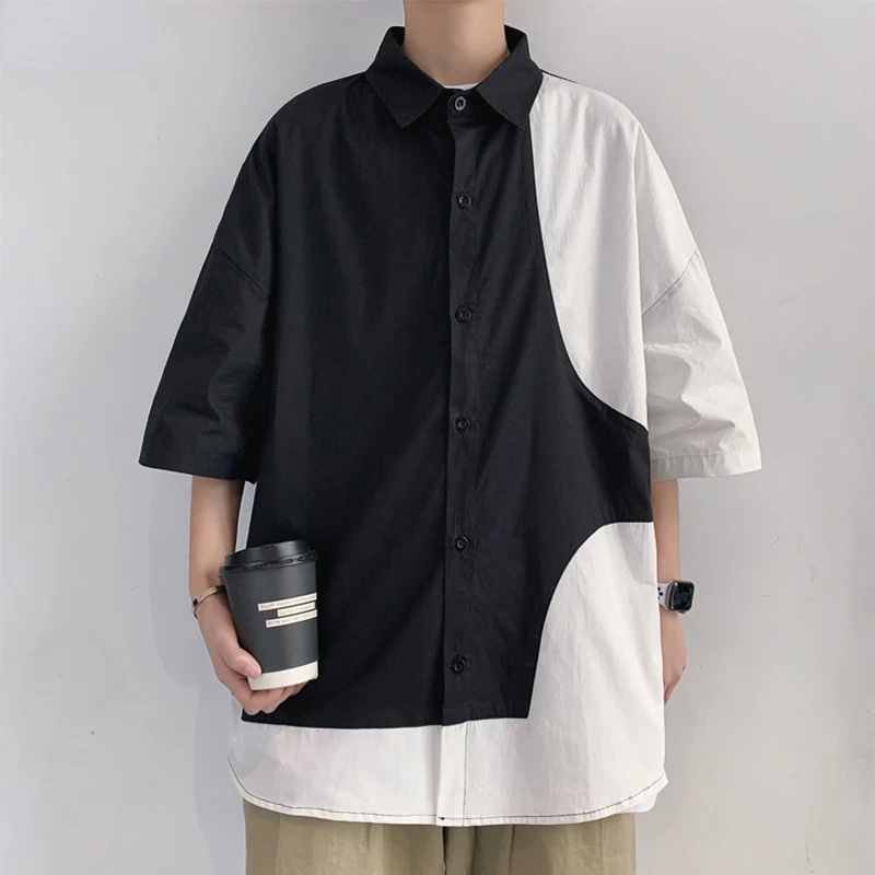

Мужская одежда, летние корейские повседневные приталенные Топы с коротким рукавом в стиле пэчворк, мужские деловые рубашки-поло, L185