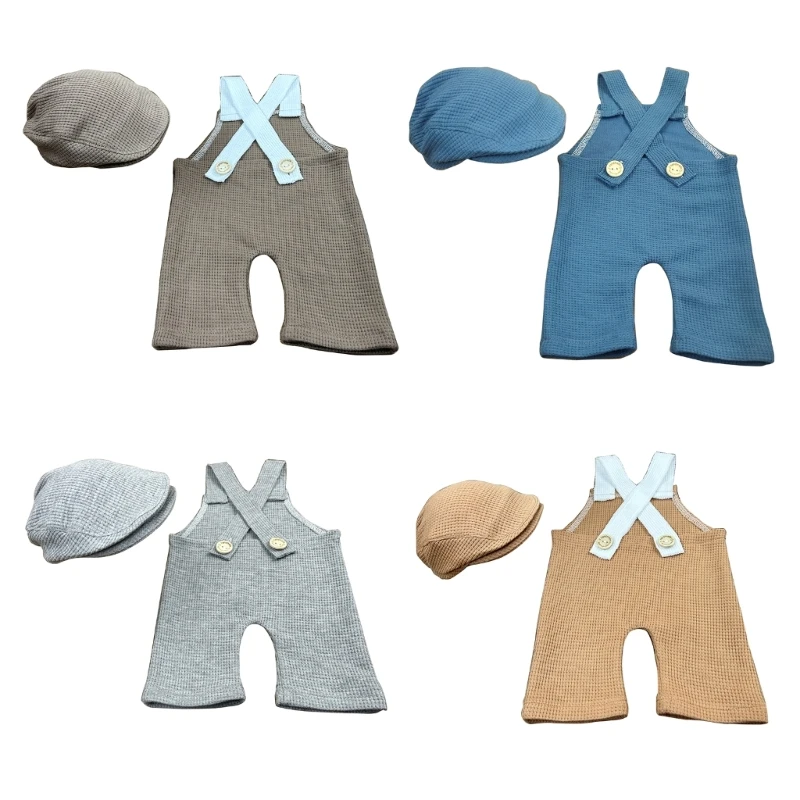 

Newborn Baby Photography Outfits Trendy Overalls and Gentleman Hat Strapped Long Pants with Caps for Special Occasion