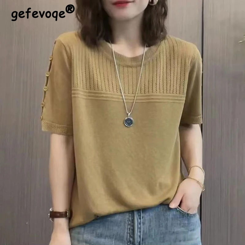 Women Clothing Simple Casual Hollow Solid Comfortable Knitted T Shirt Summer Female Round Neck Short Sleeve Loose Pullover Tops
Women Clothing Simple Casual Hollow Solid Comfortable Knitted T Shirt Summer Female Round Neck Short Sleeve Loose Pullover Tops