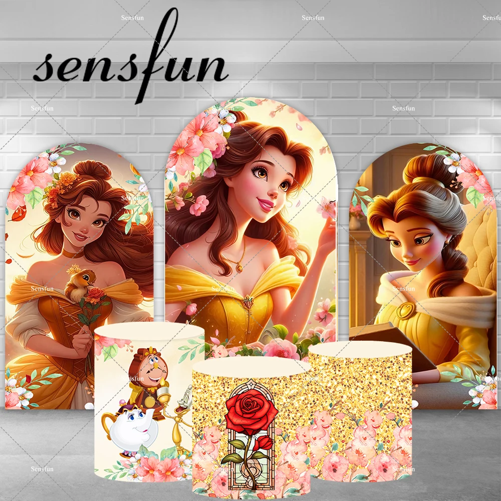

Фон для фотосъемки с изображением принцессы Белль арки для девочек детский праздник на день рождения Красавица и Чудовище тема четкие фоны