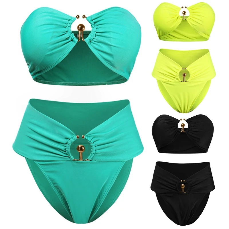 

Women Sexy 2 Pieces Set U-Shaped Metal Wire Push Up Swimsuit Strapless Bandeau Tube Top and Thong Solid Color Bathing