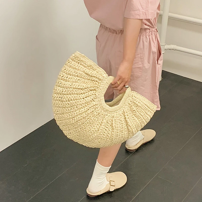 Half-Moon Woven Straw Handbag - Wooden Handle Beach Shopping Basket 5 S3bfc550615e84757a890a1e625a98a57j