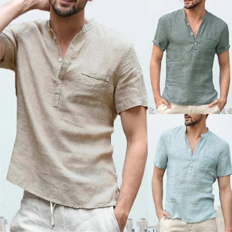 Summer Short-Sleeved Linen Shirts Men's Casual Hip Pop T-Shirt with Stand-Up Collar Soild Short-Sleeved Shirt Buiness Shirts Top
Summer Short-Sleeved Linen Shirts Men's Casual Hip Pop T-Shirt with Stand-Up Collar Soild Short-Sleeved Shirt Buiness Shirts Top