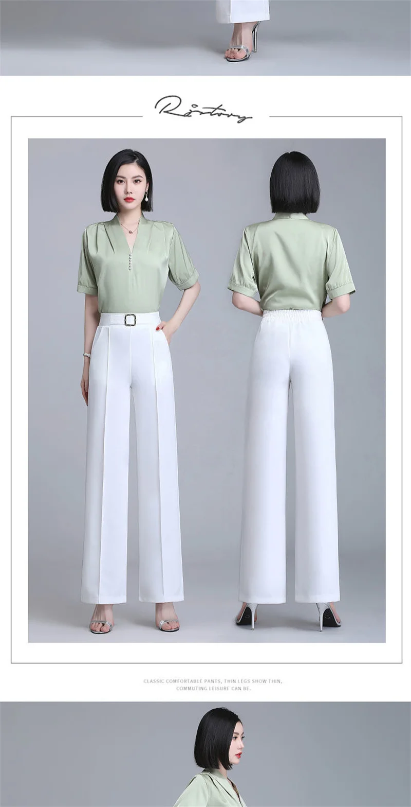 Spring Summer Straight Trousers Women Casual Pants Streetwear Elastic Waist Wide-leg Pants Comfy White Black Suit Pants 2 Length 27 S3bfe75299afc4232afacbbbe98e844682