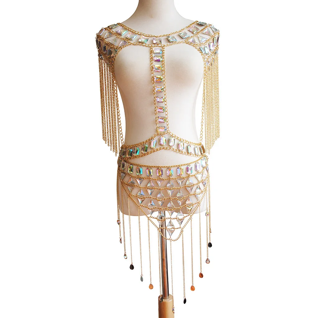 

Sexy Boho Handmade Body Jewelry with Metal Chains Acrylic Crystal Tassel Backless Top and Triangular Mini Skirt Bikini Suit