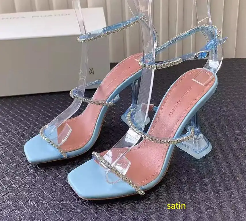 

Ladies Blue satin heels design crystal AMINA MUADDI Gilda Glass Sandal ankle strap Square toe transparent Diamond sculpted heels