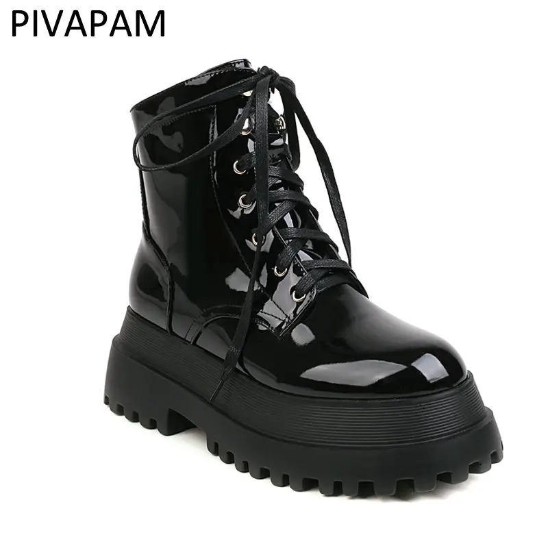 

Womens Ankle Boots Black Patent Leather Chunky Heels Lace Up Platform Shoes Rivets Studded Motorcycle Combat Booties Ladies