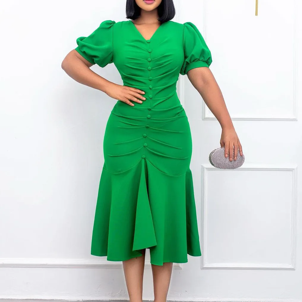 

D2602024 Spring/Summer New Fashionable And Elegant OL Commuting Solid Color Wrapped Hip Ruffle Edge Dress