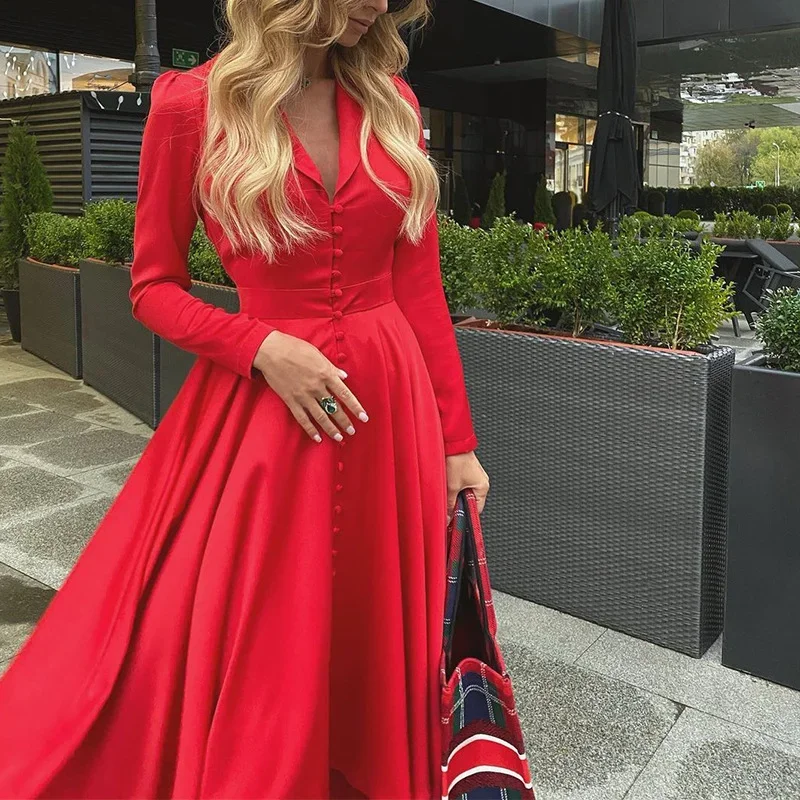 

Elegant Party Vestidos Red Female Sexy V Neck Satin Midi Dress Women Autumn Long Sleeve Buttons Office Ladies A-line Dress Solid