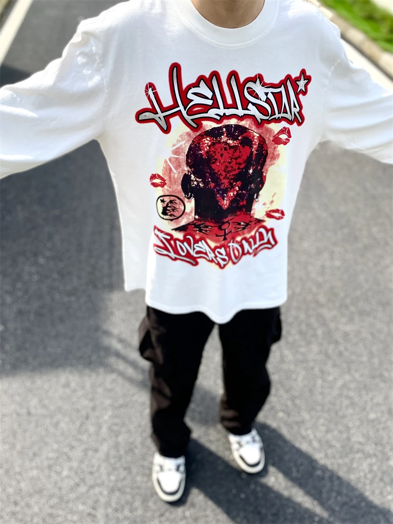 

Top Version Washed HELLSTAR Rodman Flame T Shirt Men Women Oversized West Coast Street Long Sleeve T-Shirt Tee Fasion