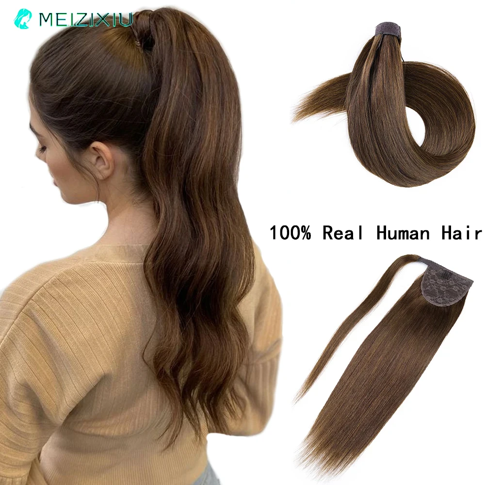 

Ponytail In Hair Extensions Brown 100% Real Human Hair PonyTail In Human Hair Extensions For Women Magic Wrap Around 14-22 Inch