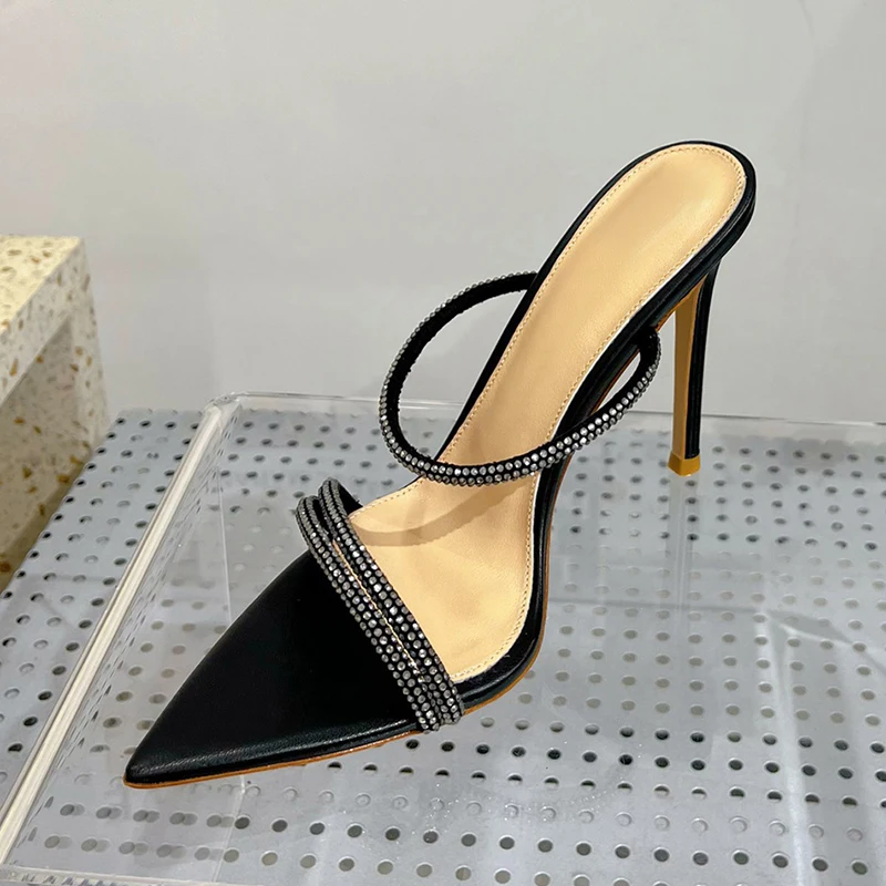 

Summer Elegant Female Slippers New One Strap Design Upper Banquet High Heel Sandals Crystal Bordered Pointed Head Ladies Pumps