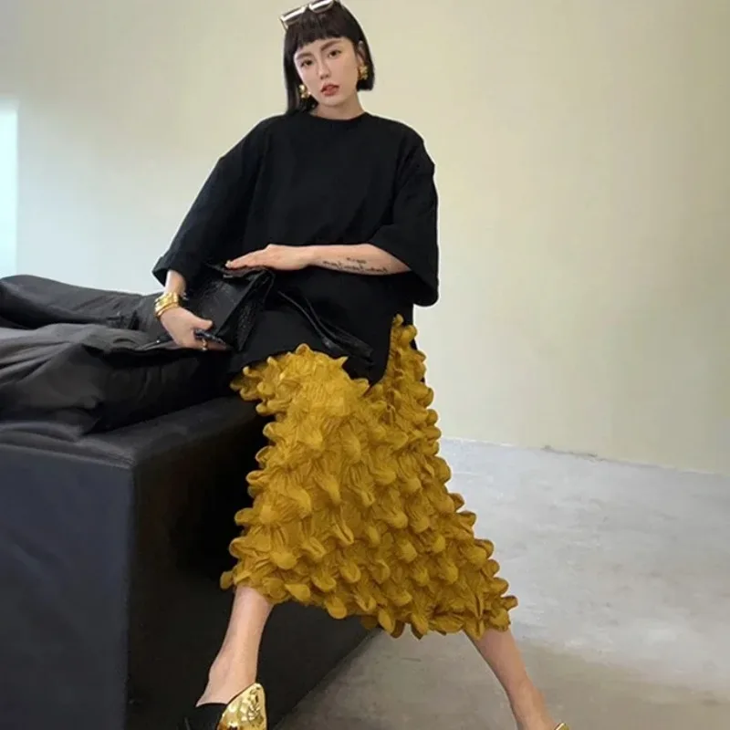 

Personalities Miyake Straight Skirt 2024 Fall New Design Sense Niche Three-dimensional Shape Unique Yellow Durian Pleated Skirt