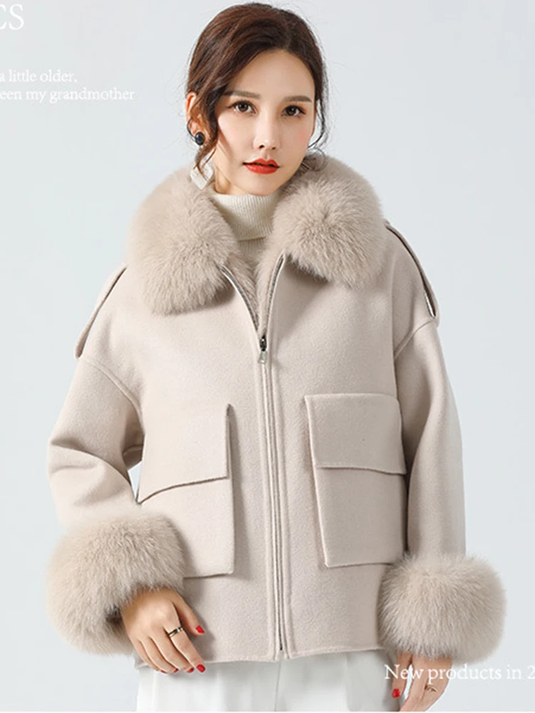 

Women's Winter Woolen Fur Parka Removable Real Rex Rabbit Fur Lining Fox Fur Collar Female Thick Warm Cold Winter Woolen Jacket