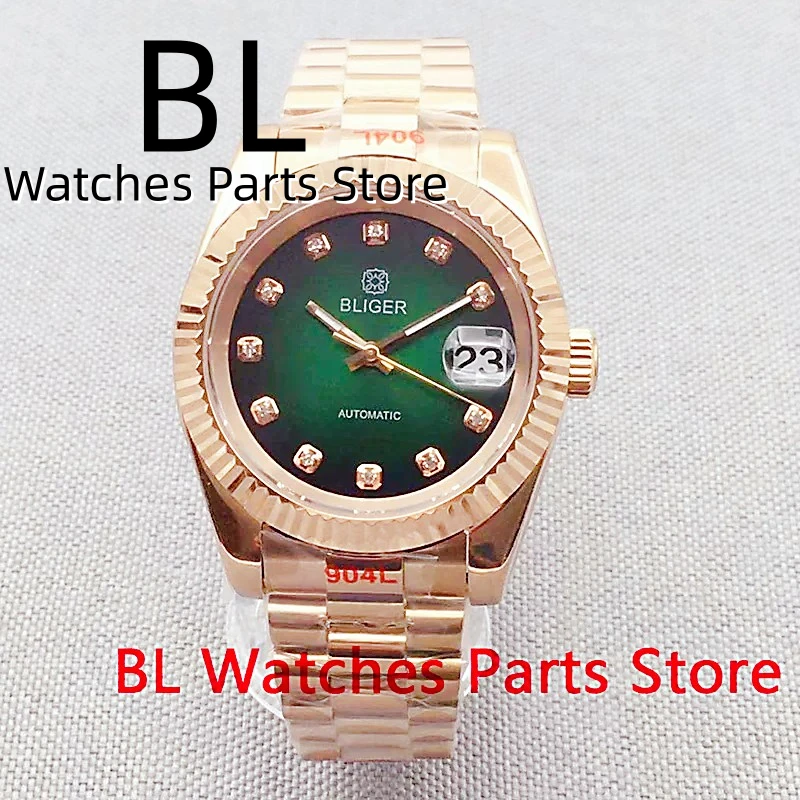 

BLIGER 36mm/39mm NH35 Automatic Watch For Men Rose Gold Case Black Green Dial Sapphire Glass Fluted Bezel President Bracele Date