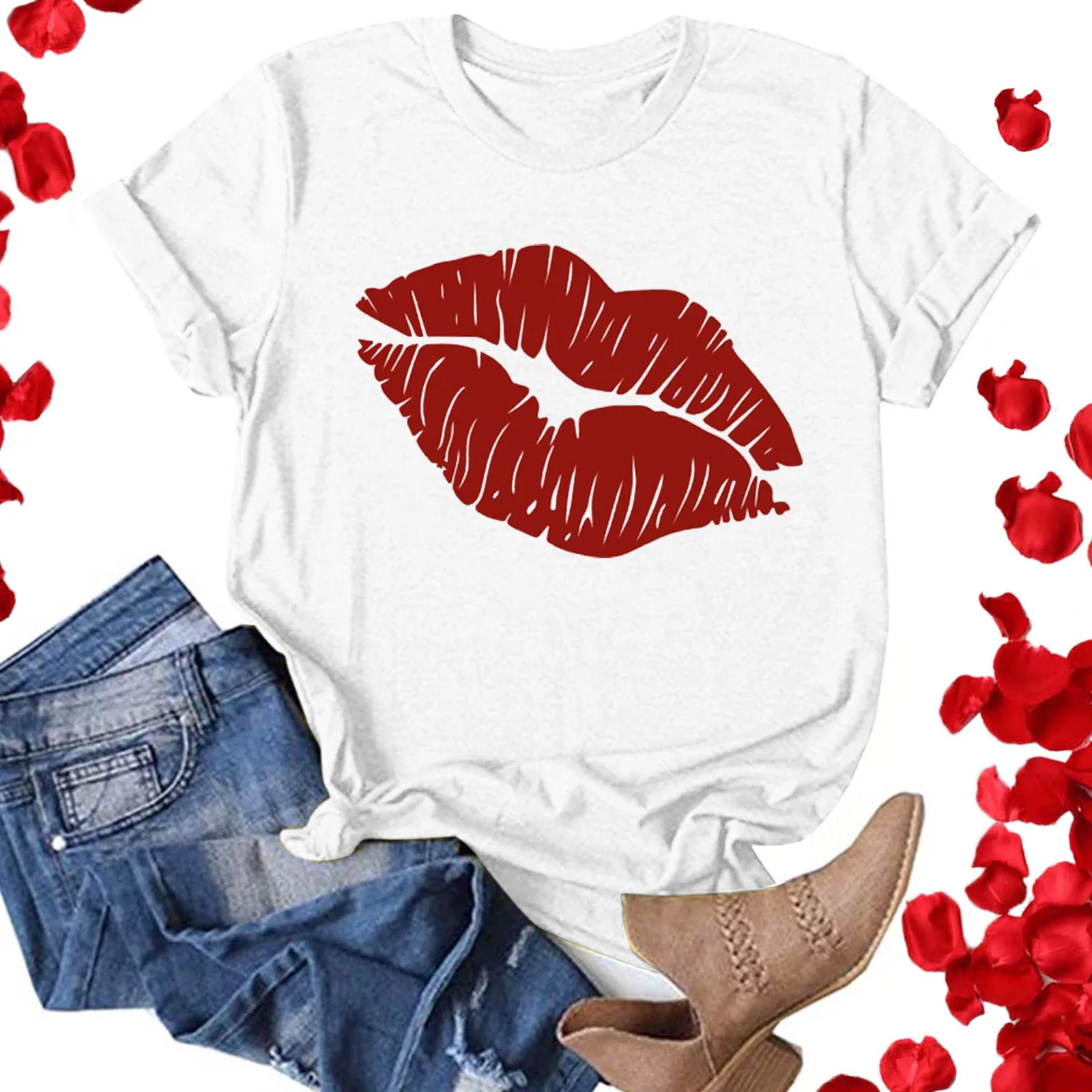 

Женская футболка, футболки на День святого Валентина, парная футболка, топы для влюбленных, спортивная летняя Праздничная футболка с коротким рукавом и губами