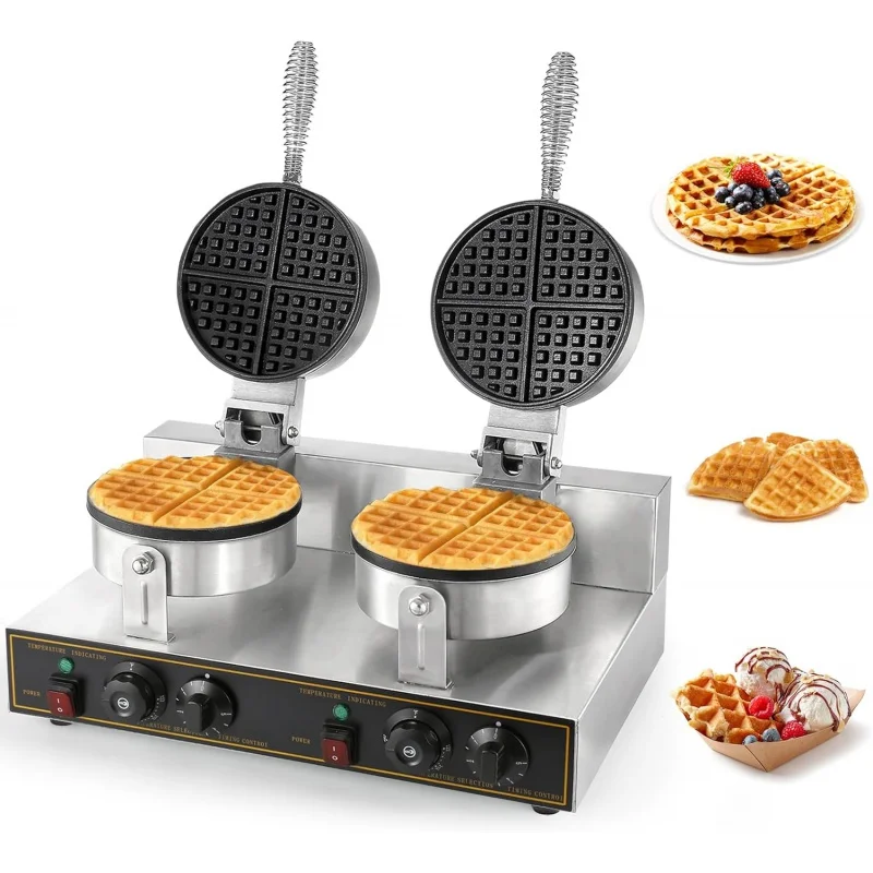 

Dyna-Living Commercial Waffle Maker Double Heads Waffle Maker Machine 110V 2400W Non-stick Round Waffle Iron Maker Thicken Stain