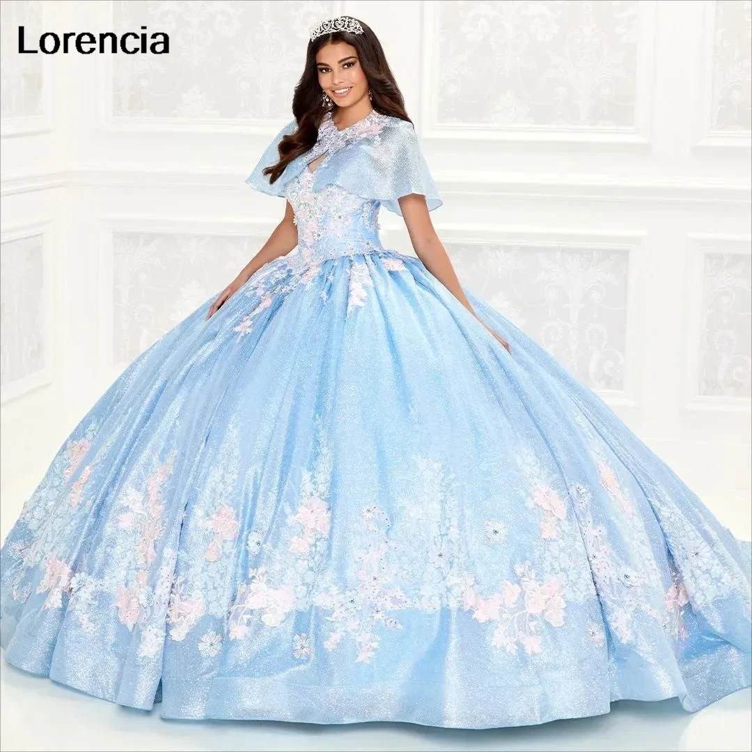 

Lorencia Blue Quinceanera Dress Ball Gown Spaghetti With Cape 3D Flowers Applique Beaded Sweet 16 Vestidos De 15 Años YQD666