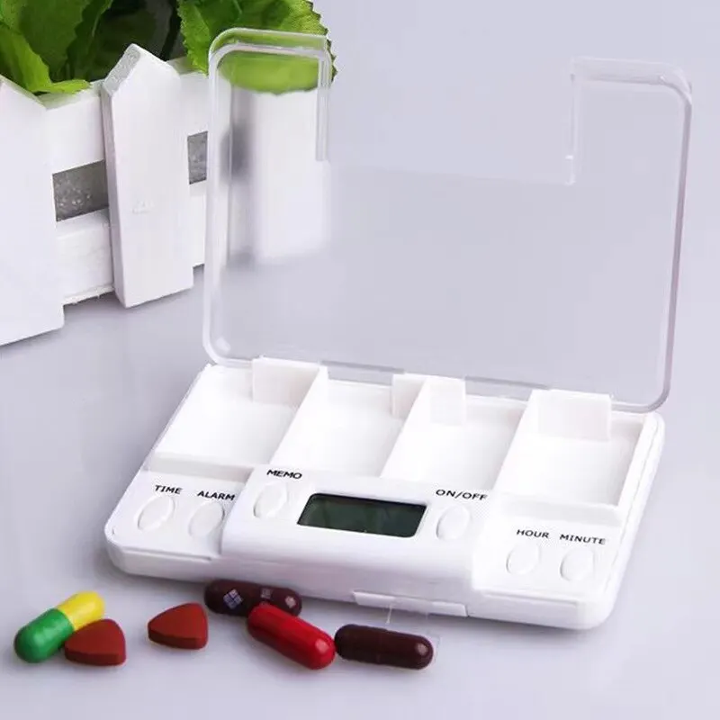 

4 Grid Pill Box Medicine Storage Case Electronic Timing Reminder Medicine Boxes Alarm Timer Pills Organizer Pill Drug Container