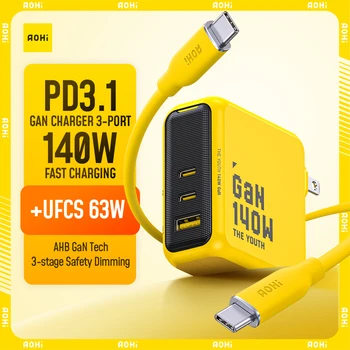 AOHI 유스 140W GaN 충전기 PD3.1 3포트 타입 C 퀵차지 맥북 프로 노트북용 USB 고속 충전기 아이폰 태블릿용