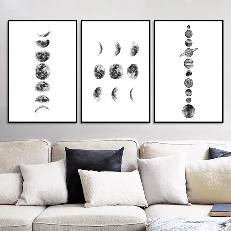 

Скандинавская солнечная система, настенное искусство, черно-белая луна, фазы, холст, искусство, принты, картина для гостиной, домашний декор