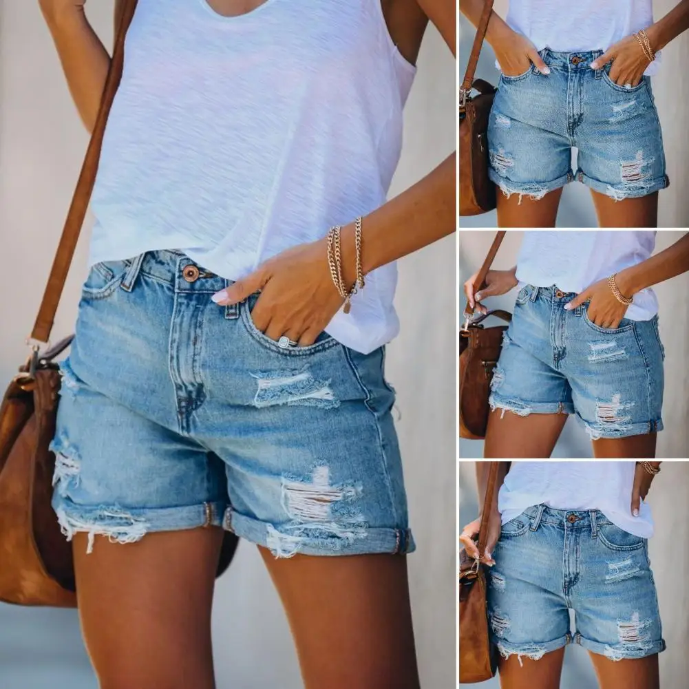 

New Women Fashion Ripped High Waisted Rolled Denim Shorts Vintage Hole Summer Casual Pocket Short Jeans Ladies Hotpants Shorts