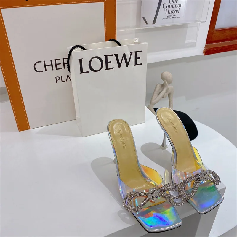 

MACH glittering Satin Double Bow Mules Heeled sparkling straps RHINESTONE TRANSPARENT OPEN SQUARE TOE SANDALS SEXY WEDDING SHOES