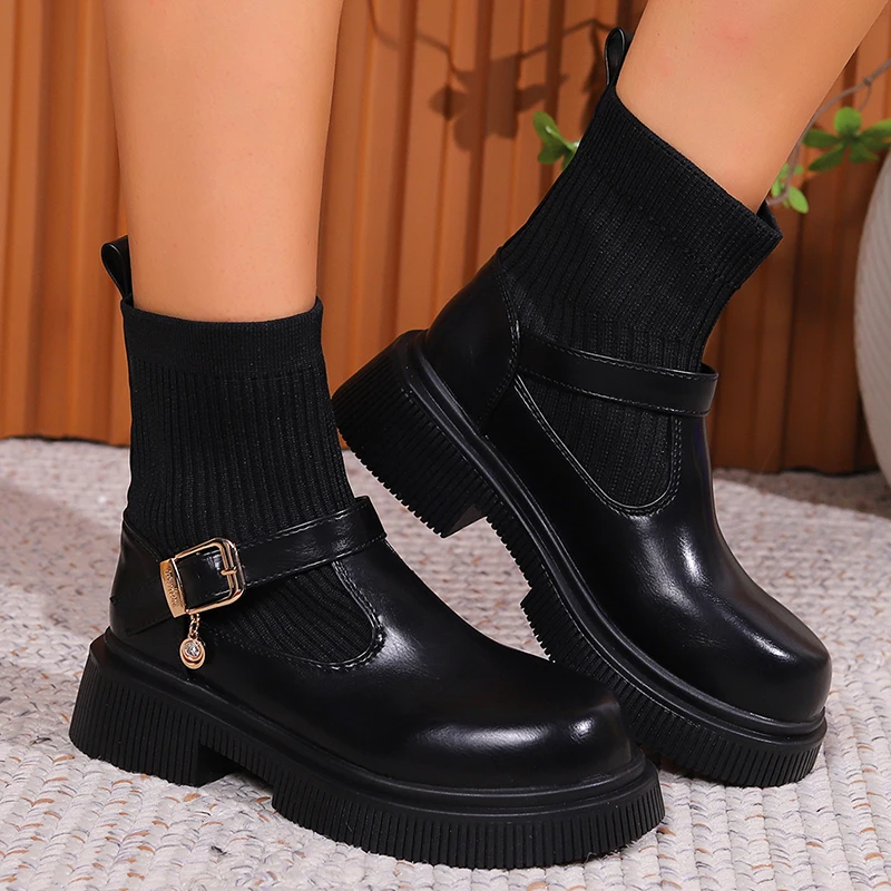 Patchwork Buckle Strap Ankle Boots Women Elastic Knitted Thick Bottom Sock Shoes Woman Autumn Winter Platform Short Botas Mujer
Patchwork Buckle Strap Ankle Boots Women Elastic Knitted Thick Bottom Sock Shoes Woman Autumn Winter Platform Short Botas Mujer