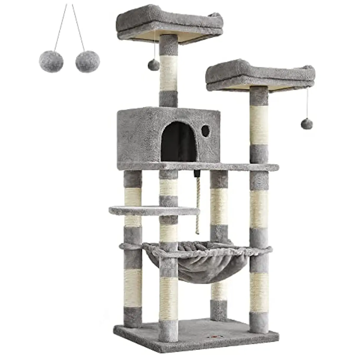 

FEANDREA Cat Tree, Cat Tower for Indoor Cats, 56.3-Inch Cat Condo with Scratching Posts, Hammock, Plush Perch, Light Gray