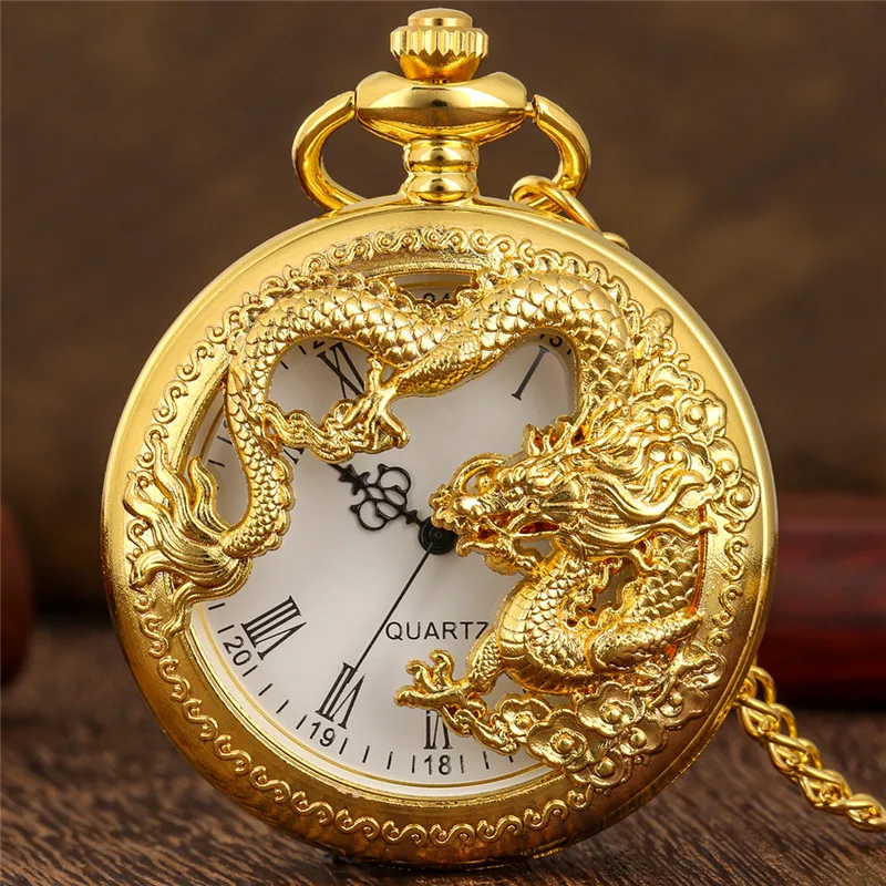 

Steampunk Hollow Out Chinese Dragon Design Retro Quartz Movement Pocket Watch for Men Women with Necklace Chain Roman Number