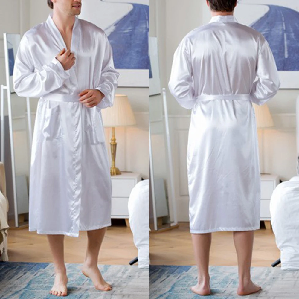 

Men Robe Silk Bathrobe Soft Cozy Long Sleeve Nightgown One-Piece Kimono Men Bath Gown Solid Robes Home Satin Sleepwear Pajamas