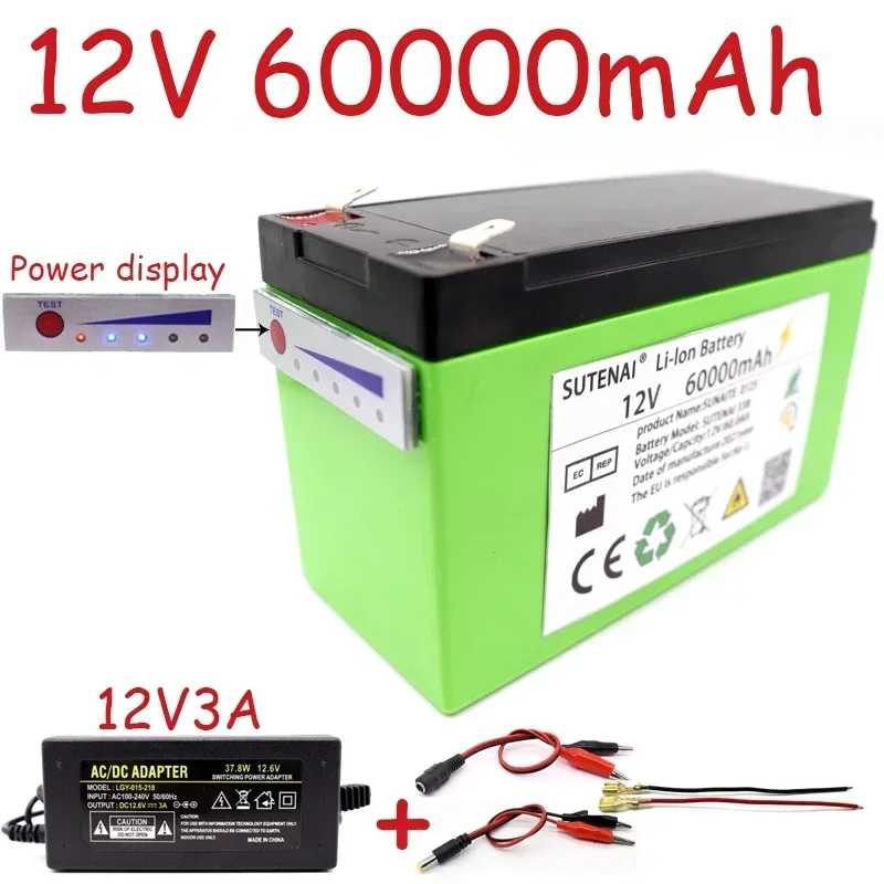 

New power display 12v60a 18650 lithium battery pack is suitable for solar energy and electric vehicle battery + 12.6v3a charger