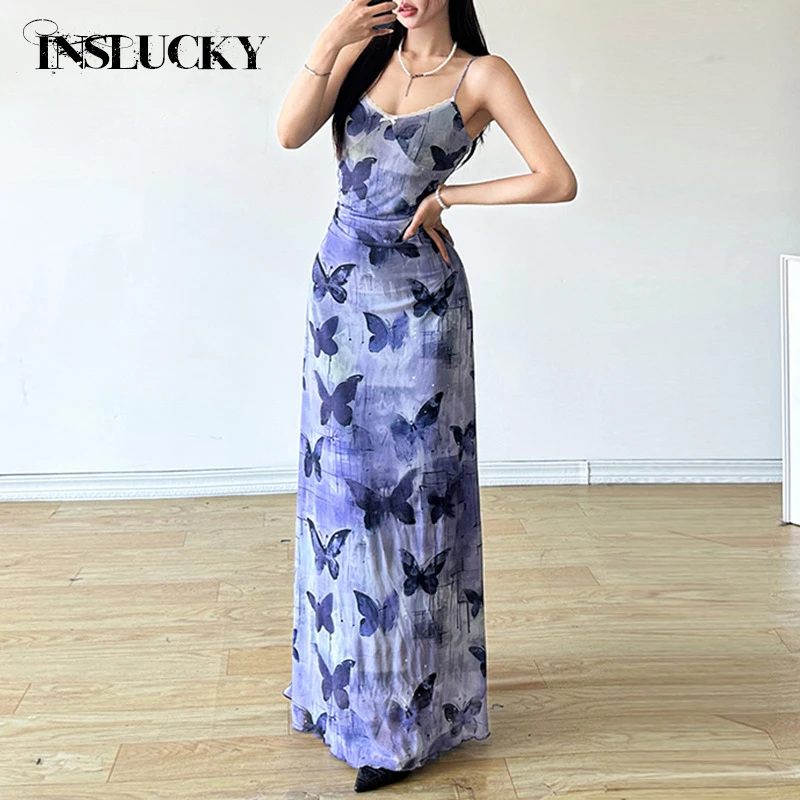 

InsLucky Women Resort Dress Lace Splicing V-Neck Suspender Dress Smudged Butterfly Print A-Line Long Dresses Office Lady Summer